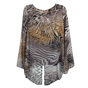 NWT Kay Celine Animal Print Sheer Top Brown High Low Blouse Flowy Medium‎